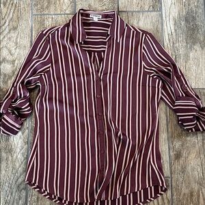 Express Women's Burgundy and White Striped Button-Down Shirt